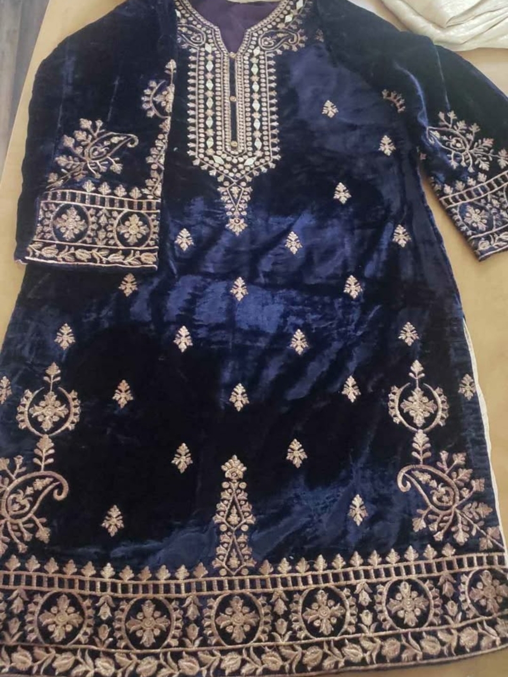 Embroidered Velvet Women Kurta in Navy Blue